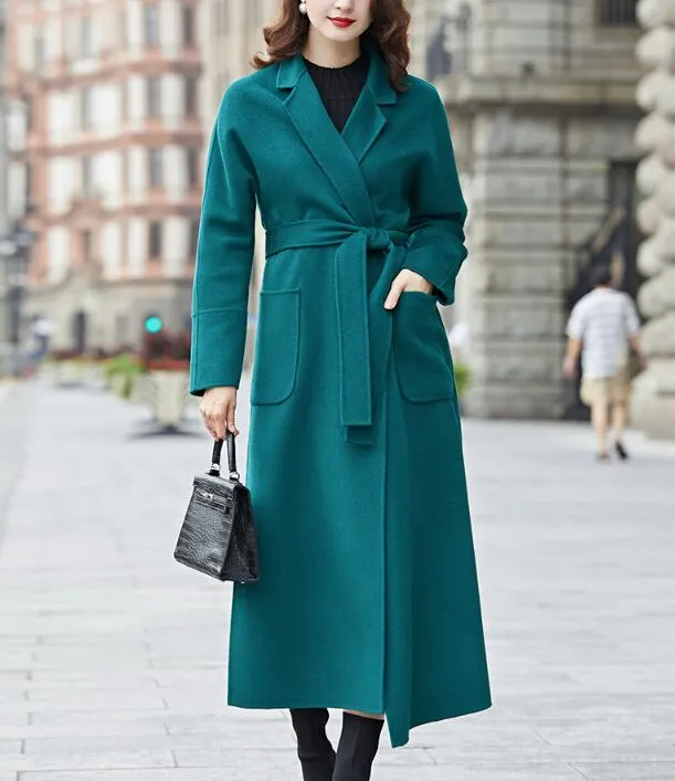 Slit Waist Belt Wool Coat, Handmade Long Warm Women Wool Coat Jacket/2662