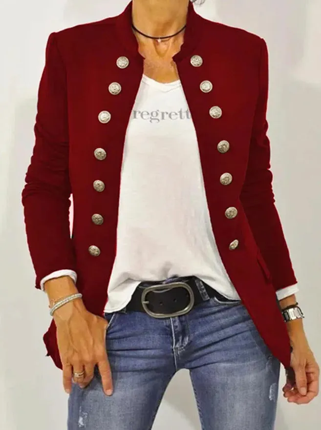 Solid Color Stand Collar Cardigan Fastener Decoration Casual Coat