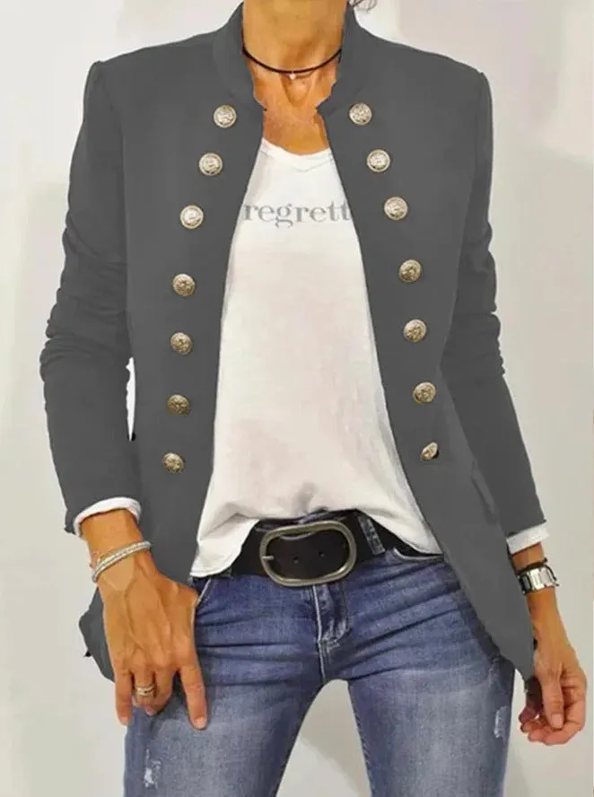 Solid Color Stand Collar Cardigan Fastener Decoration Casual Coat