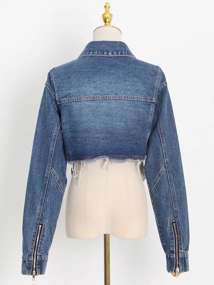 Solid Denim Jacket For Women Lapel Long Sleeve Patchwork Single Breasted Streetwear Loose Jackets Female Fashion