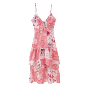 Spliced Lace Up Floral Printing Sexy Dresses For Women V Neck Sleeveless High Waist Backless Slimming Camisole Dress Female