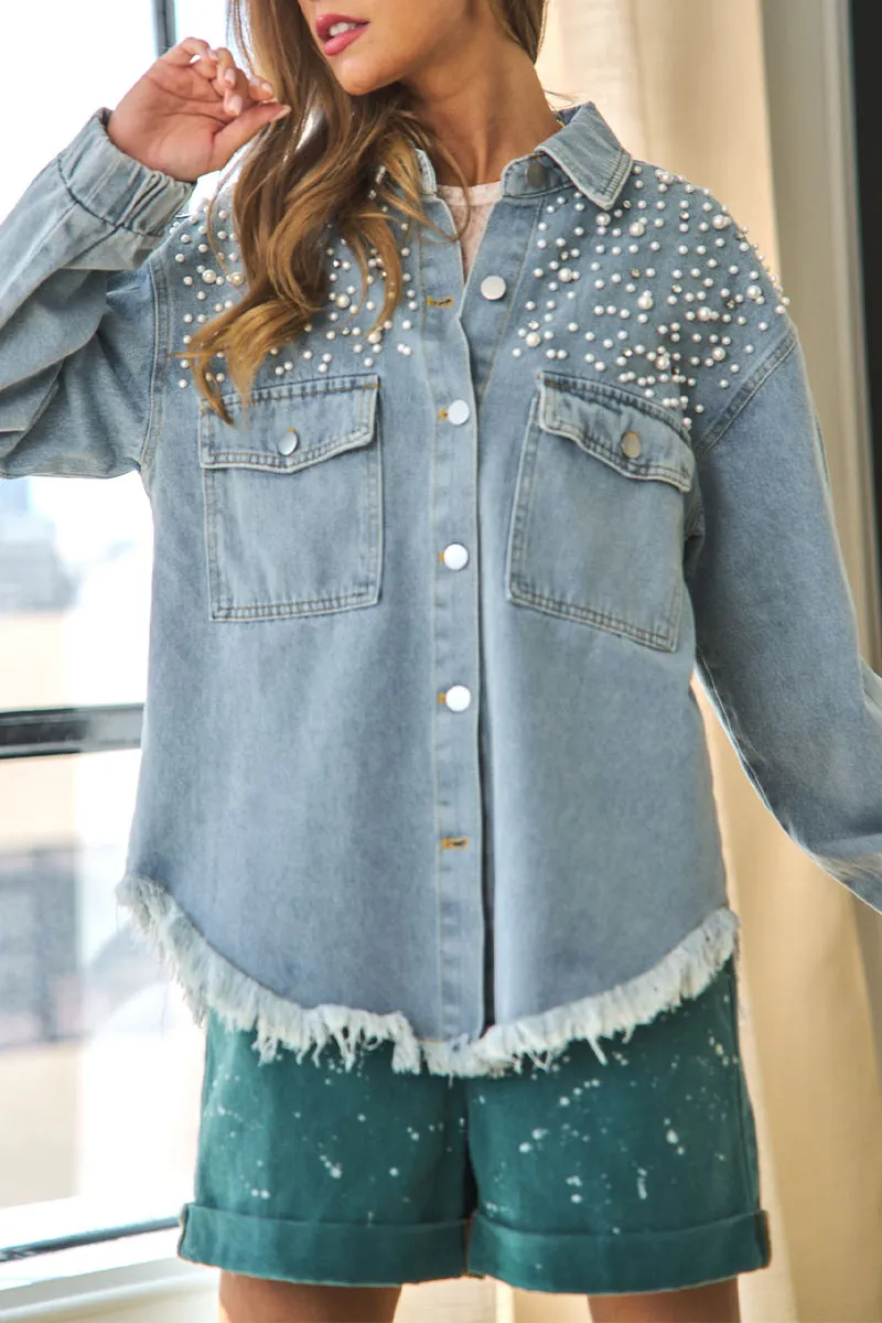 Street Patchwork Tassel Beading Turndown Collar Long Sleeve Loose Denim Jacket