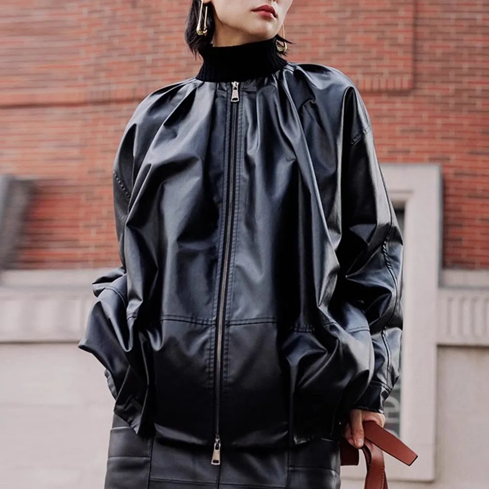 Streetwear Black Coat For Women Round Neck Long Sleeve Loose Spliced Zipper Jacket Female Fashion Clothing