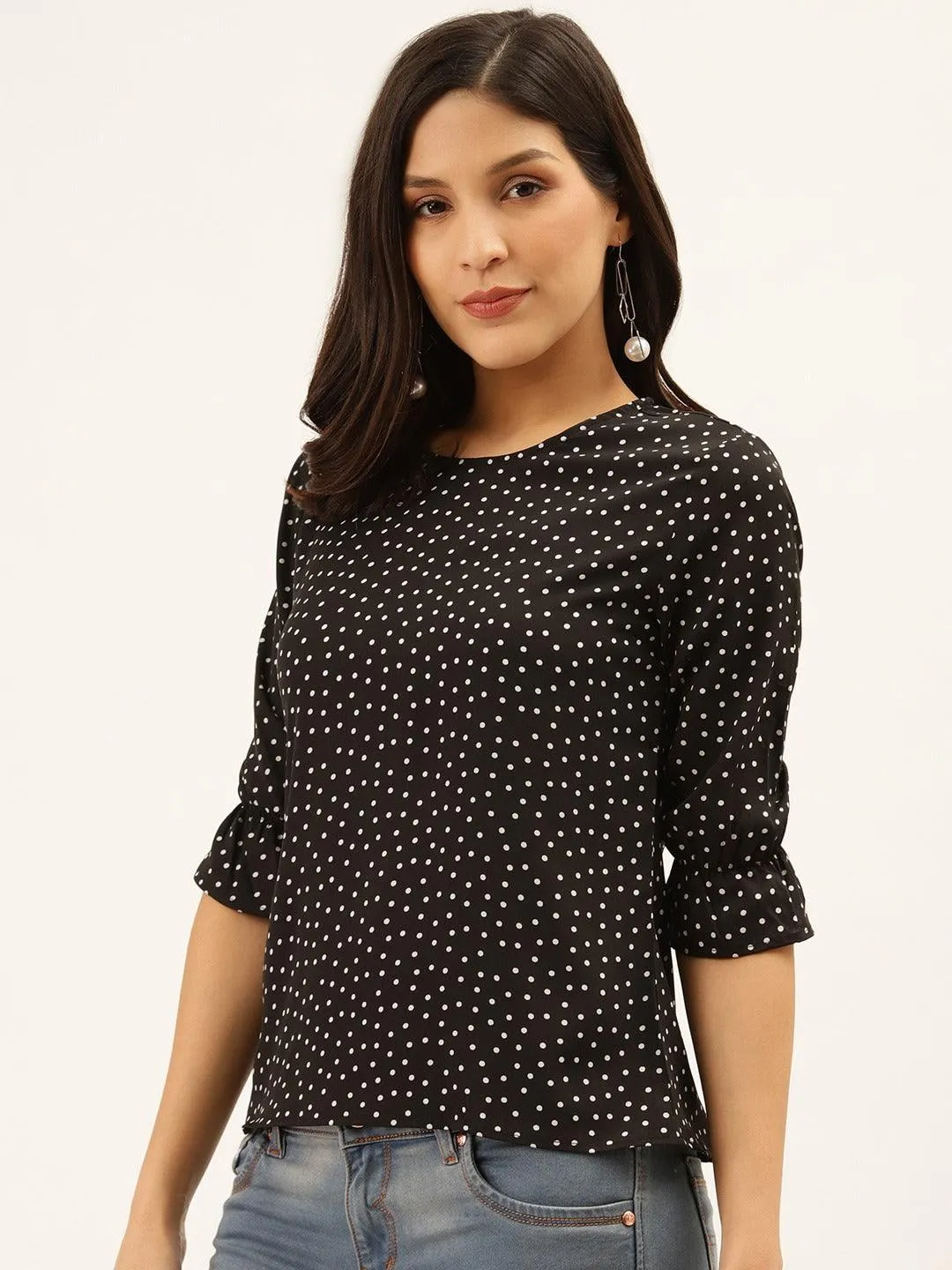 Style Quotient Women Black And White Polka Dot Printed Polyester Smart Casual Top