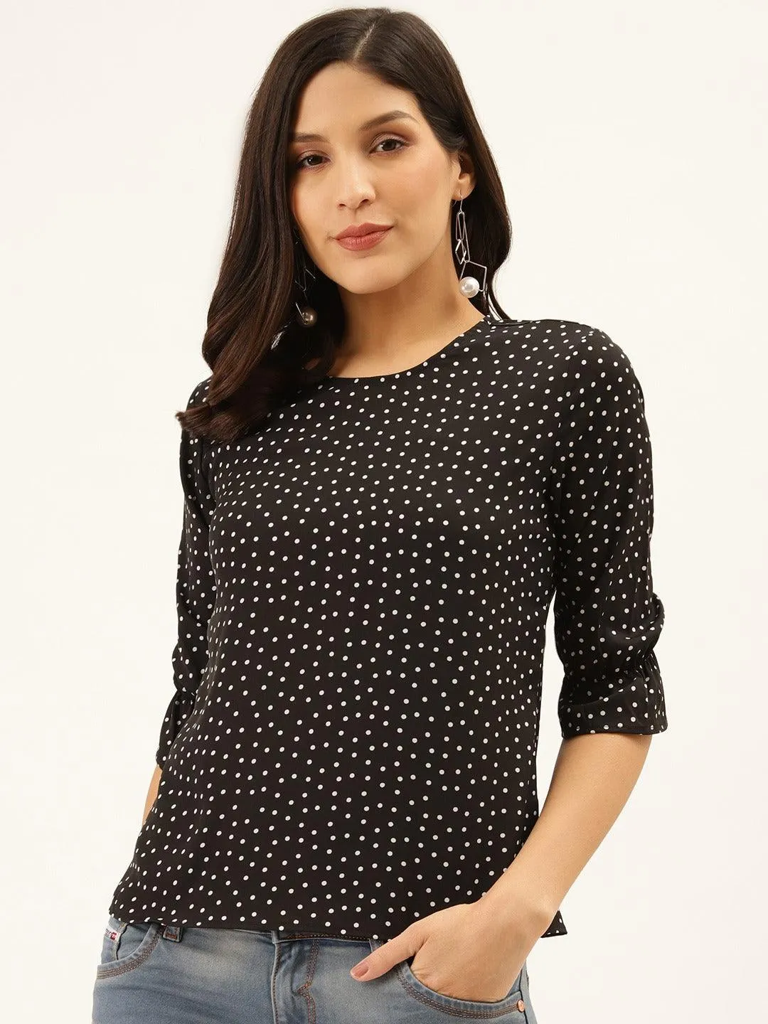 Style Quotient Women Black And White Polka Dot Printed Polyester Smart Casual Top