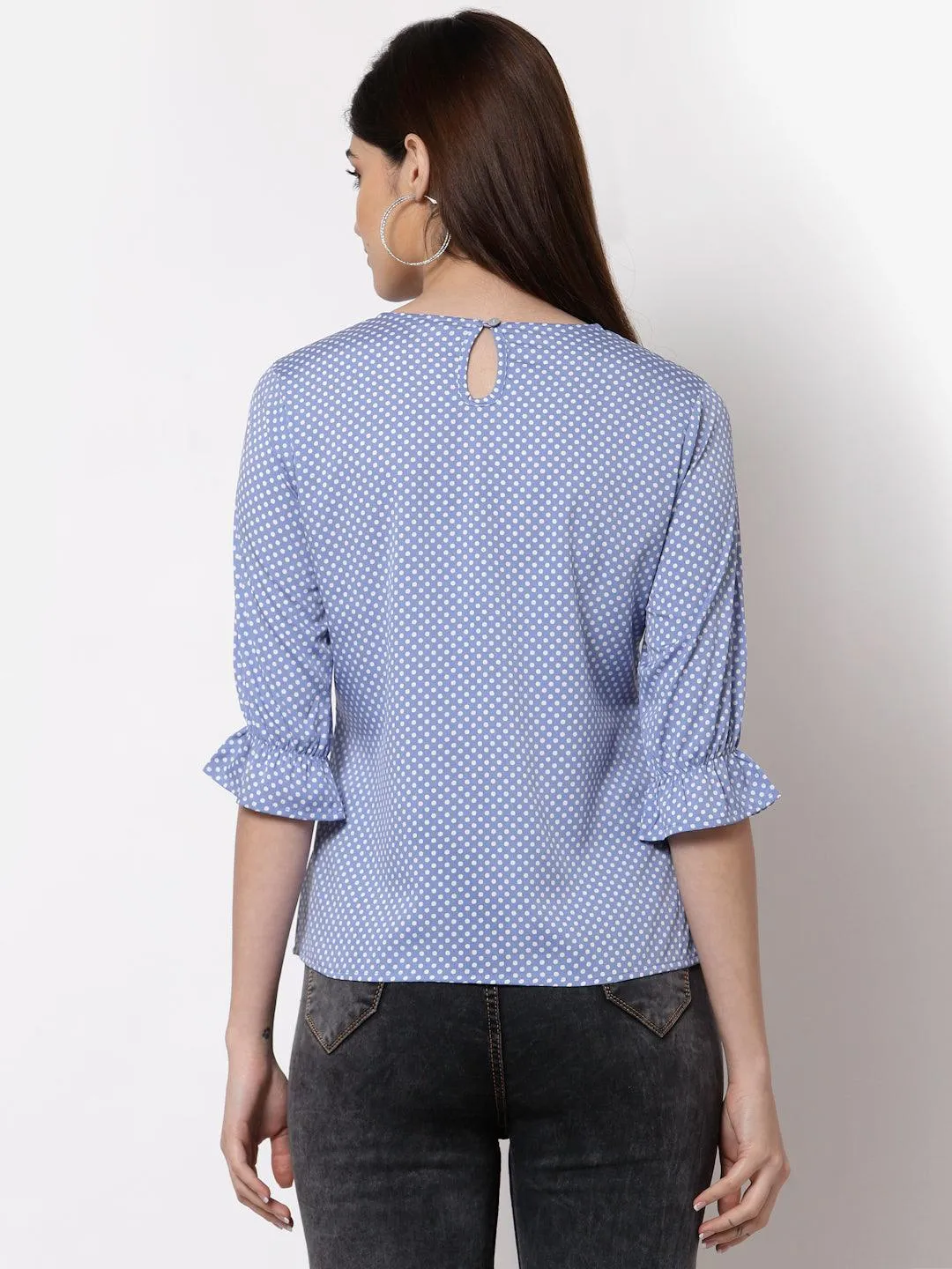 Style Quotient Women Blue And White Polka Dot Printed Polyester Smart Casual Top