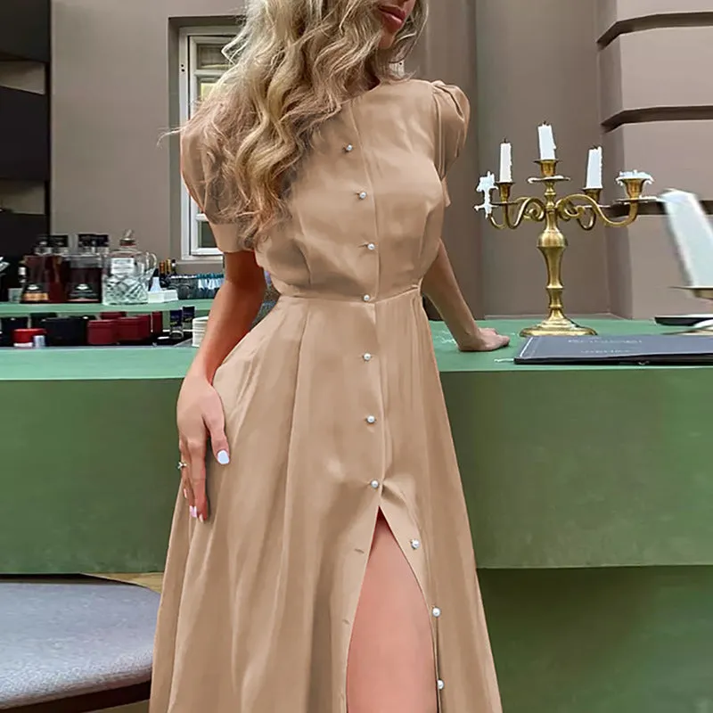 Summer  Cross-Border European and American New Pure Color Elegant Slim High Waist Cardigan Button Mid-Length Dress