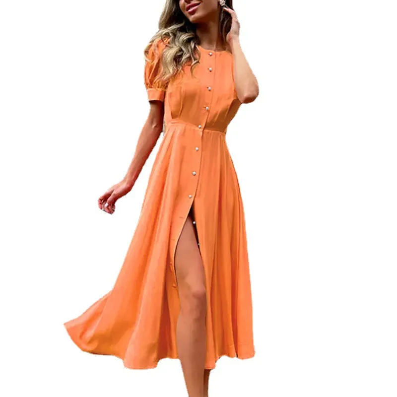 Summer  Cross-Border European and American New Pure Color Elegant Slim High Waist Cardigan Button Mid-Length Dress