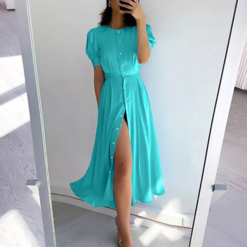 Summer  Cross-Border European and American New Pure Color Elegant Slim High Waist Cardigan Button Mid-Length Dress