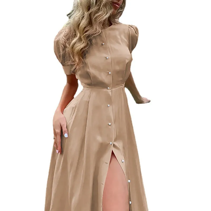 Summer  Cross-Border European and American New Pure Color Elegant Slim High Waist Cardigan Button Mid-Length Dress