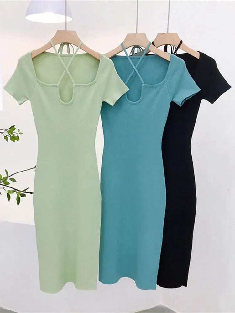 Summer New Street Style Solid Color All-Match Halter Neck Short-Sleeved Dresses Women Elastic Tight Bodycon Maxi Dresses C-001