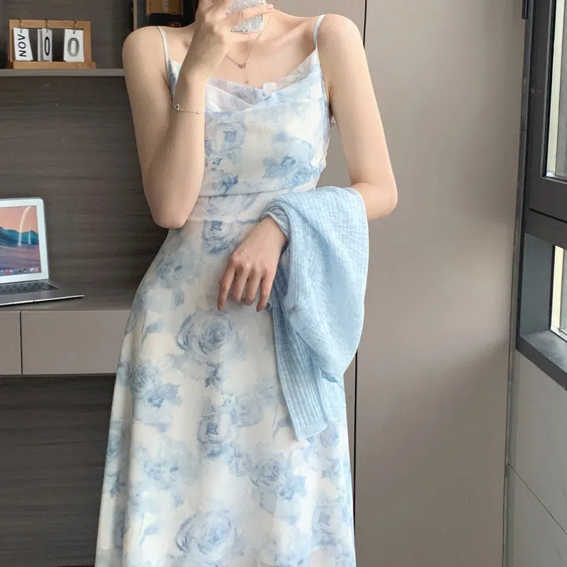 Super-Fairy Fairy Mori Style Chiffon Dress Suit Cardigan Shawl Ink Painting Midriff Outfit Lace-up Suspender Skirt Two-Piece Set