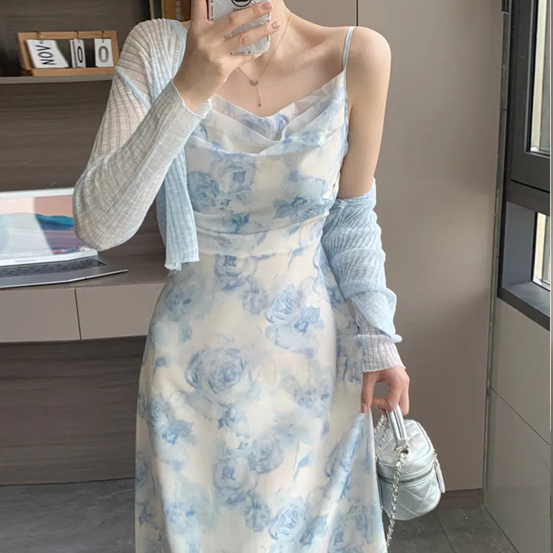 Super-Fairy Fairy Mori Style Chiffon Dress Suit Cardigan Shawl Ink Painting Midriff Outfit Lace-up Suspender Skirt Two-Piece Set