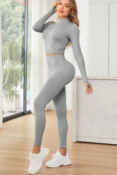 TEEK - Light Grey Mock Neck Top and Leggings Active Set