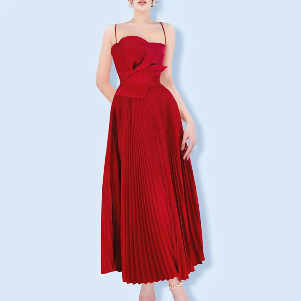 Temperament Formal Dresses For Women Square Collar Sleeveless Backless High Waist Irregular Pleated Midi Dress Female New