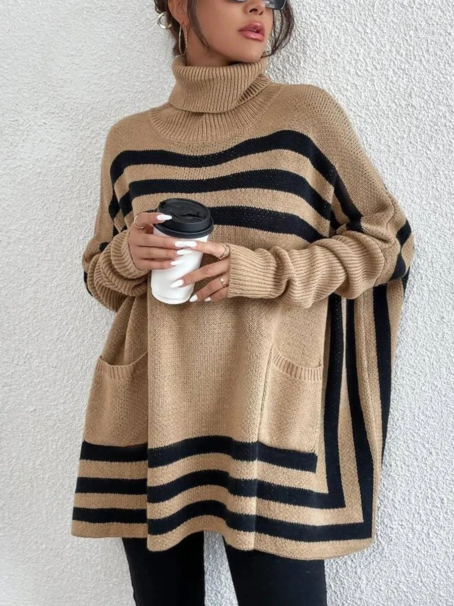 Turtleneck Striped Bat Sleeve Cape Sweater Coat