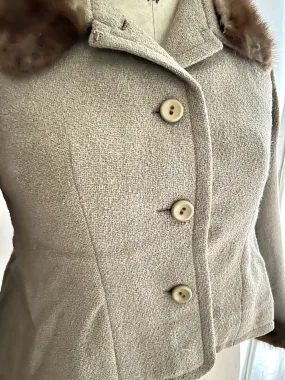 Vintage French woman beige wool spencer JACKET MINK FUR collar c1950