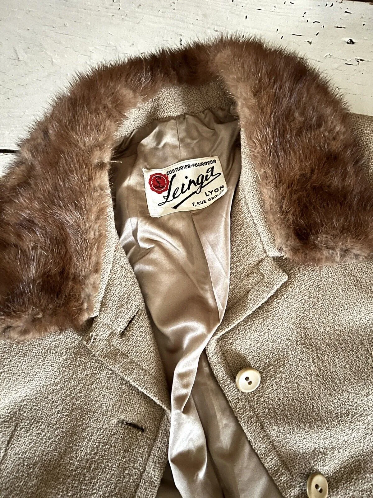 Vintage French woman beige wool spencer JACKET MINK FUR collar c1950