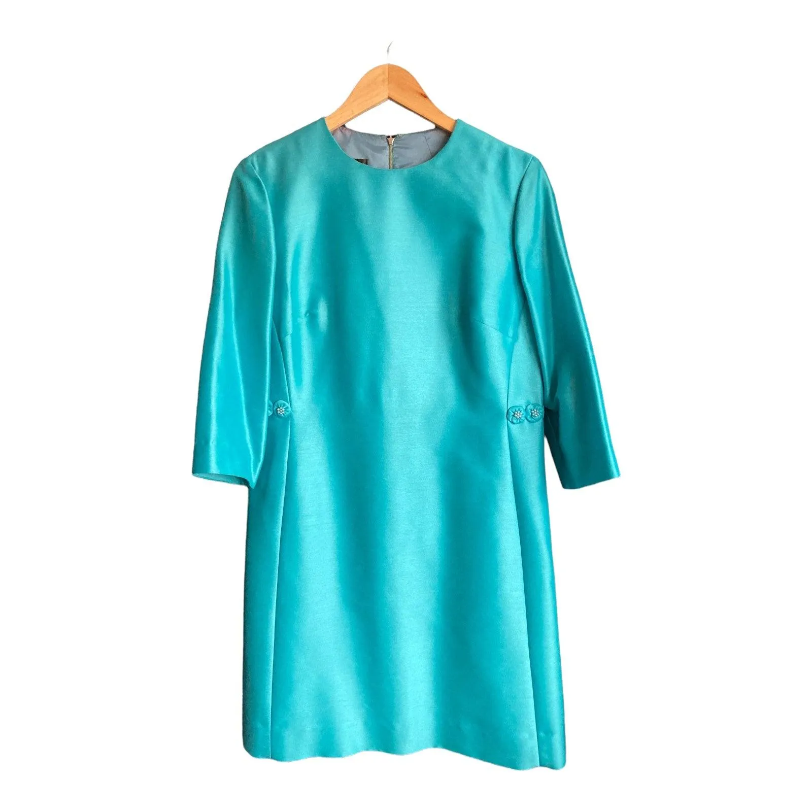 Vintage Peggy French Couture Turquoise 3/4 Sleeved Dress Suit And Long Sleeved Coat UK Size 16