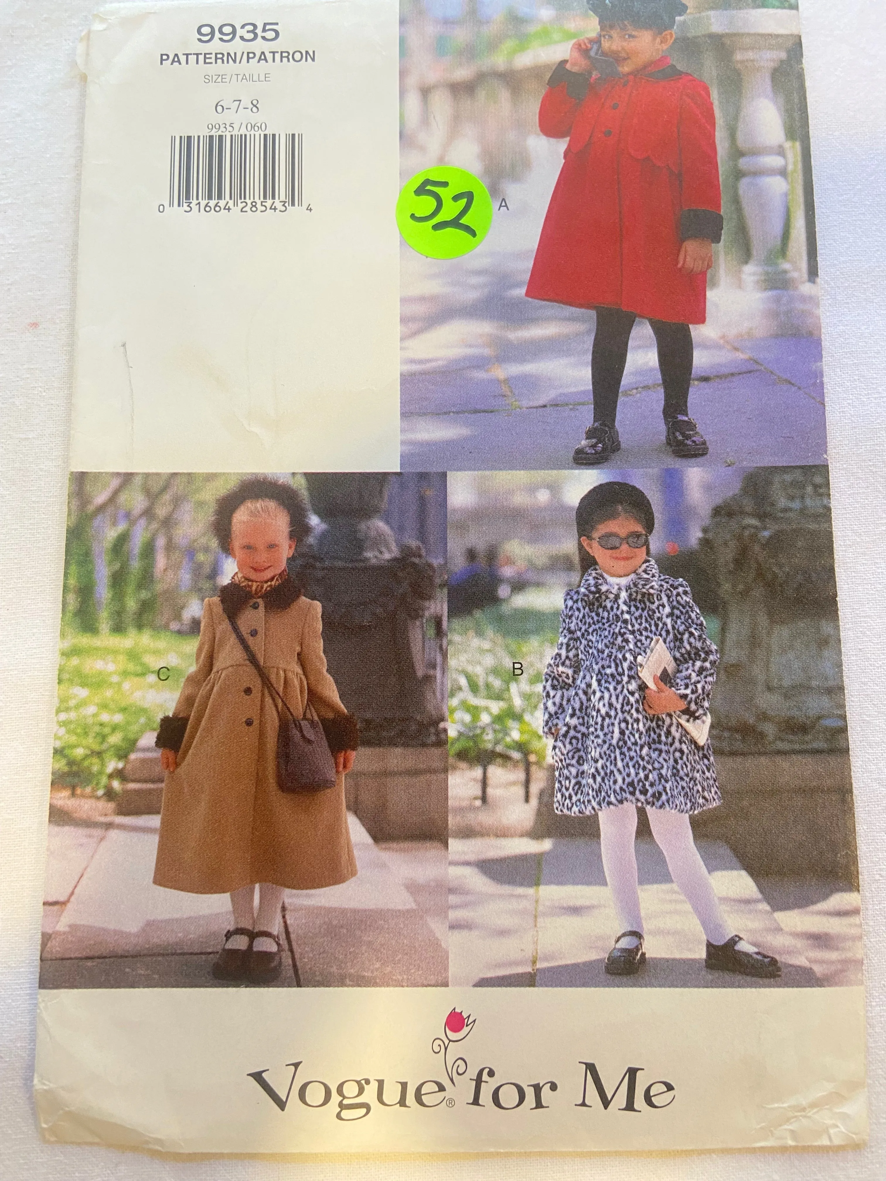 Vogue for Me 9935 Pattern UNCUT Childrens' Coat & Vest Sizes 6, 7, 8