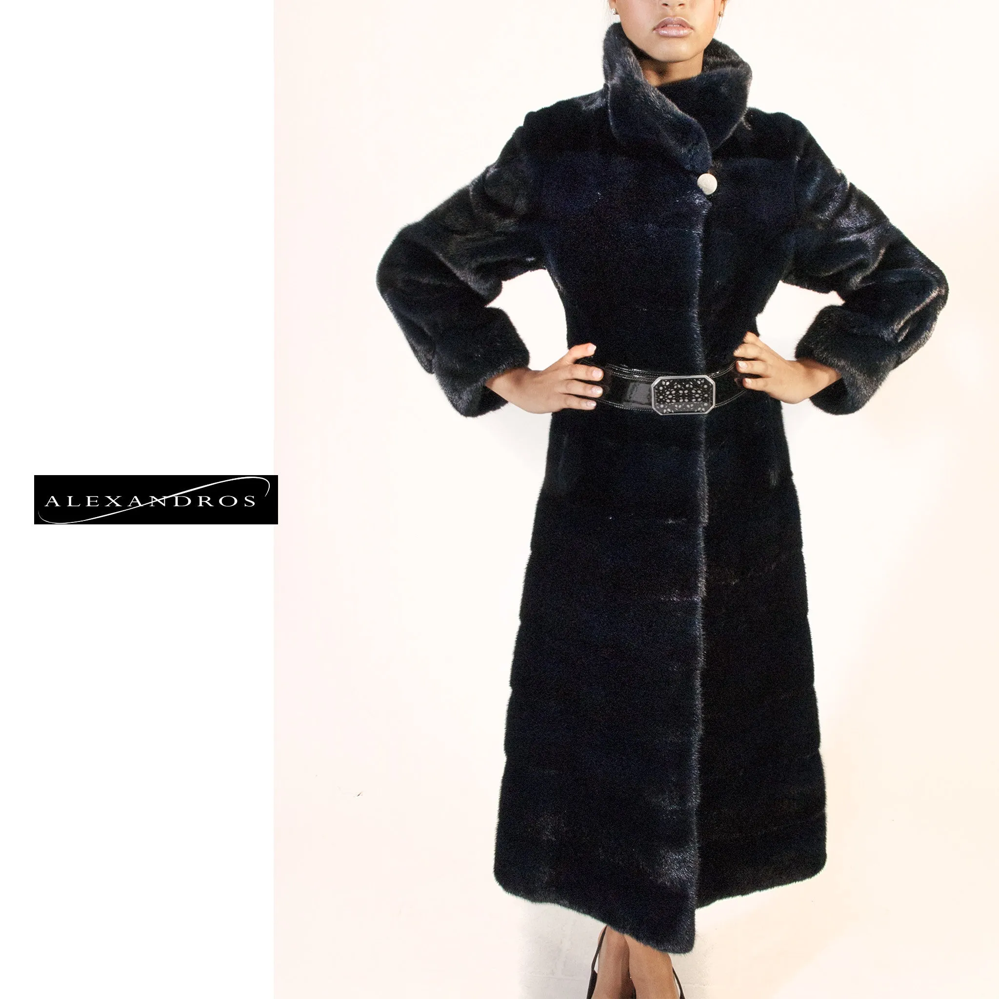 WEB SPECIAL - Long Horizontal Blue-Black  Mink Belted Coat