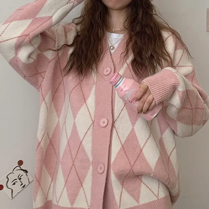 Wenkouban Cardigan Women Winter Chic Sweater Jacket Girl Knitted Argyle Coat Loose All Match Student Korean Knitwear Pink Tops Sweat Femme