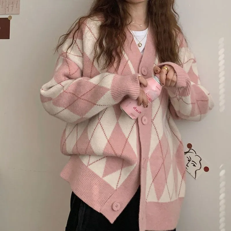 Wenkouban Cardigan Women Winter Chic Sweater Jacket Girl Knitted Argyle Coat Loose All Match Student Korean Knitwear Pink Tops Sweat Femme