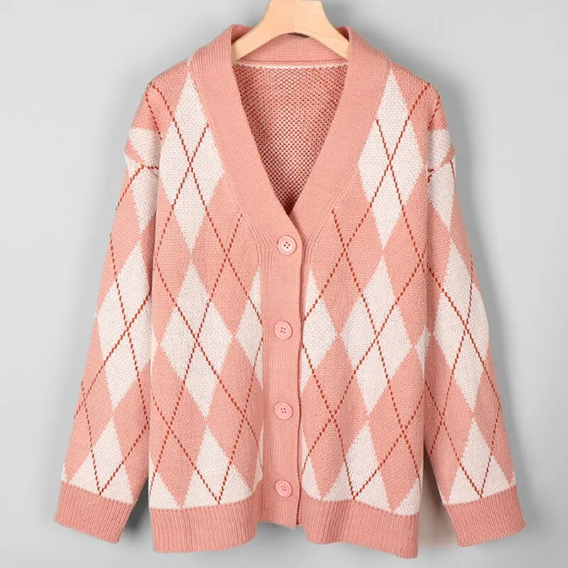 Wenkouban Cardigan Women Winter Chic Sweater Jacket Girl Knitted Argyle Coat Loose All Match Student Korean Knitwear Pink Tops Sweat Femme