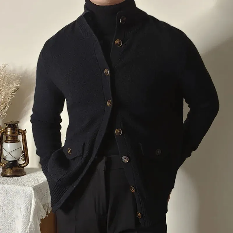 Wiaofellas Stand Neck Men Single Breasted Top Cardigan Sweater Winter Warm Coat Fall Sweater Cardigan Men Warm Fit Knitting Pocket Sweaters