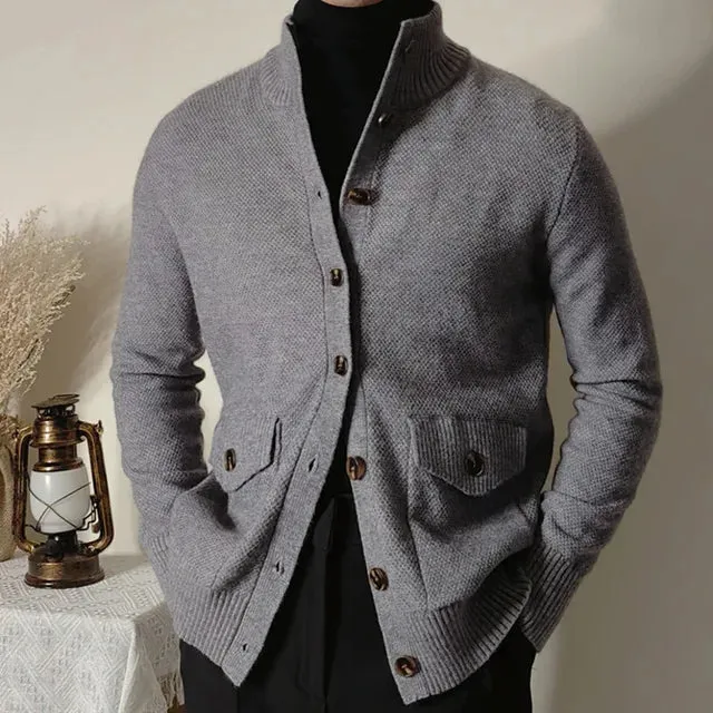 Wiaofellas Stand Neck Men Single Breasted Top Cardigan Sweater Winter Warm Coat Fall Sweater Cardigan Men Warm Fit Knitting Pocket Sweaters