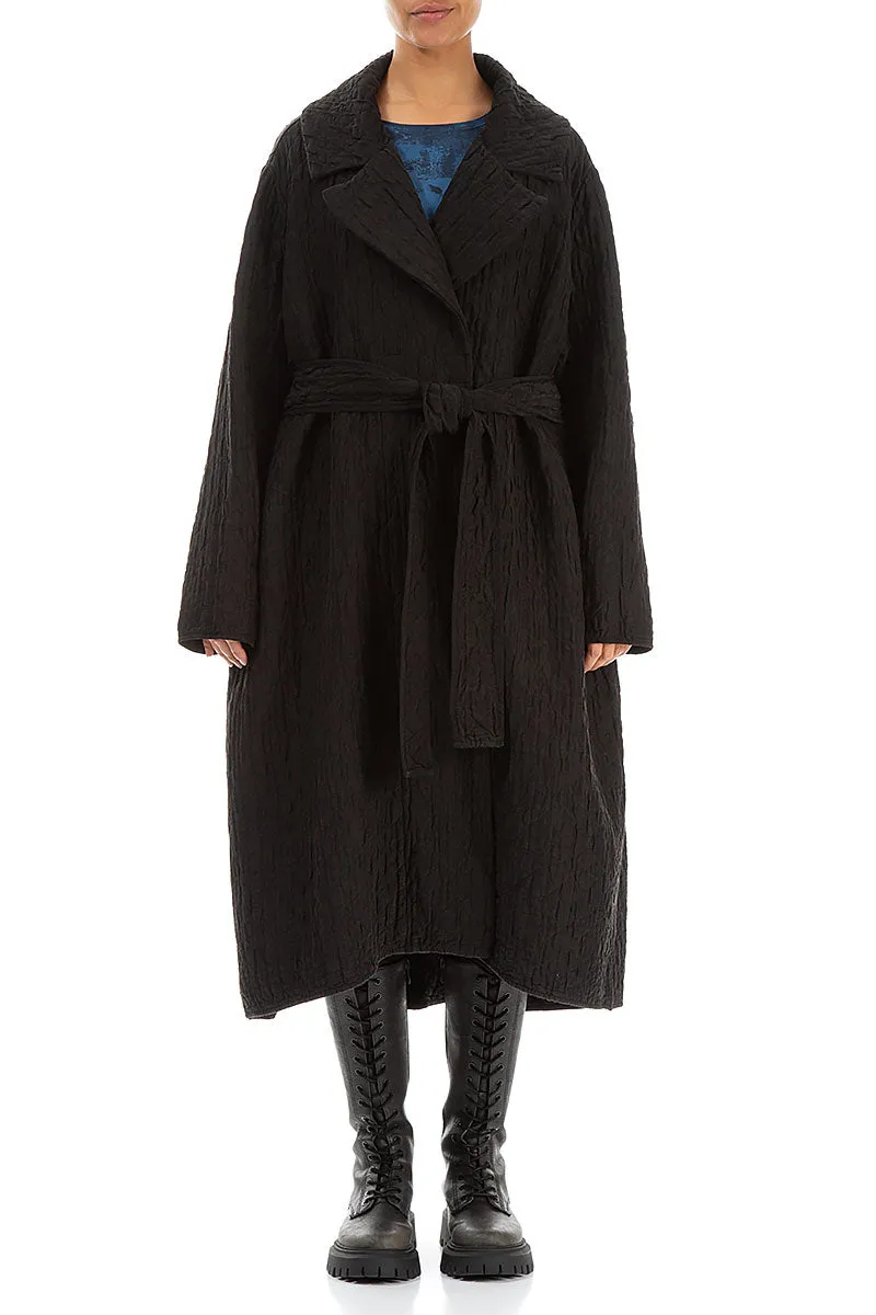 Wide Collar Black Quilted Silk Coat