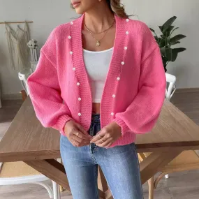 Women Short Pearl Beaded Cardigan Autumn Winter Casual Loose Non Buckle Woven Sweater Coat