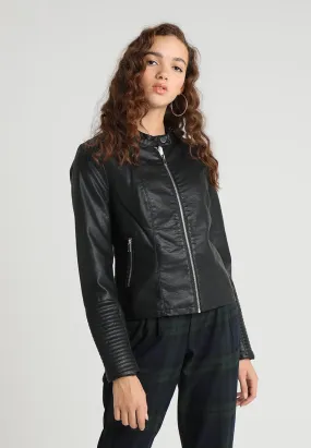 Women’s Black Leather Biker Jacket Ban Collar