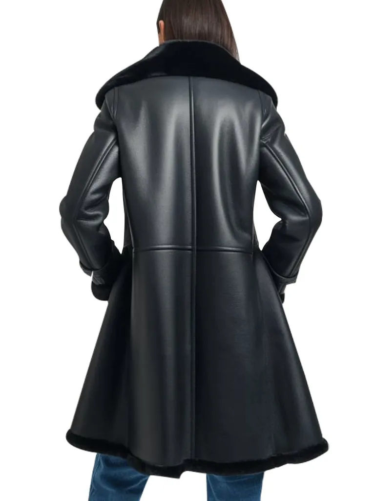 Women's Black Leather Fur-Trimmed Coat