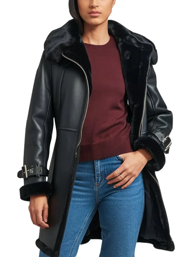 Women's Black Leather Fur-Trimmed Coat