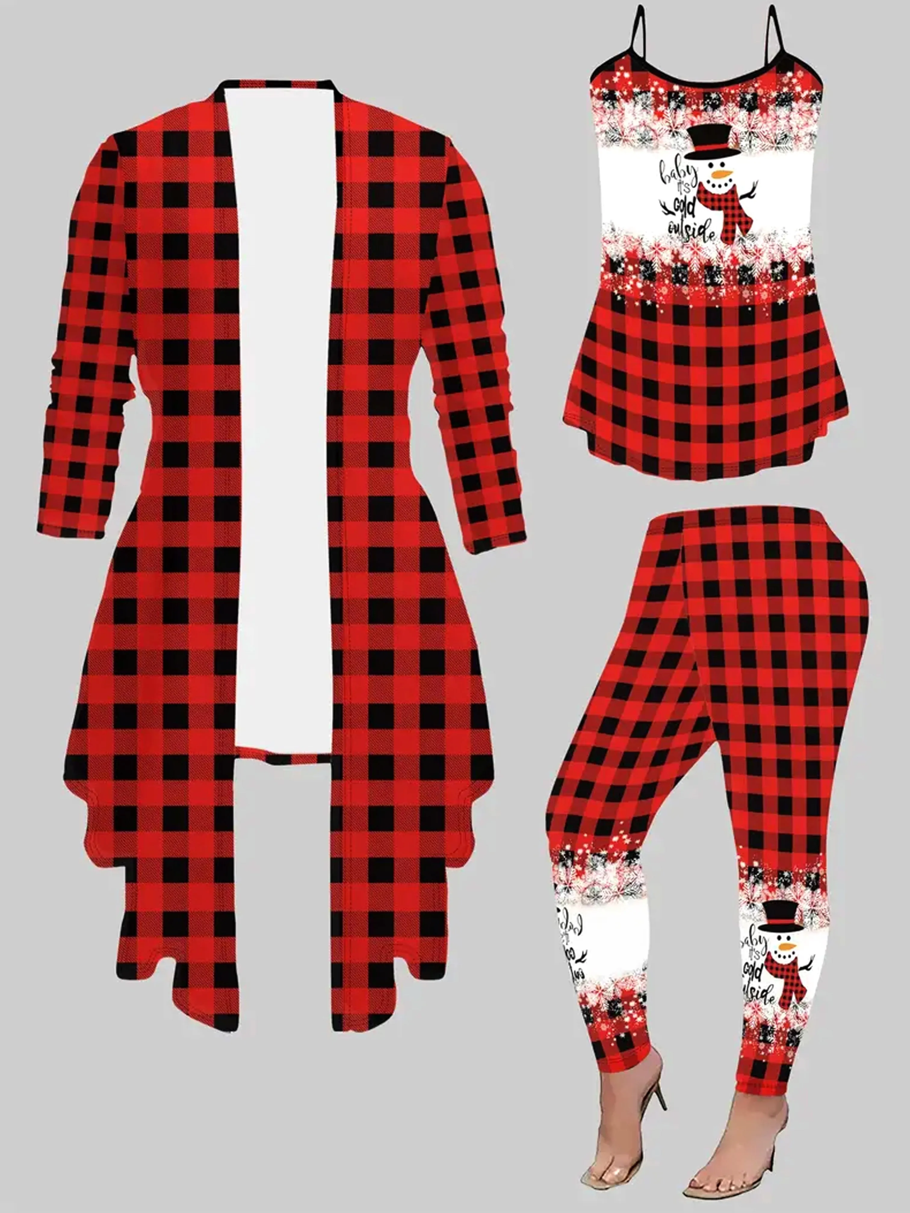 Women's Festive Christmas Snowman Plaid 3pcs Outfit Set - Open Front Cardigan, Cami Top & Leggings with Lace Detail, Casual Polyester Blend