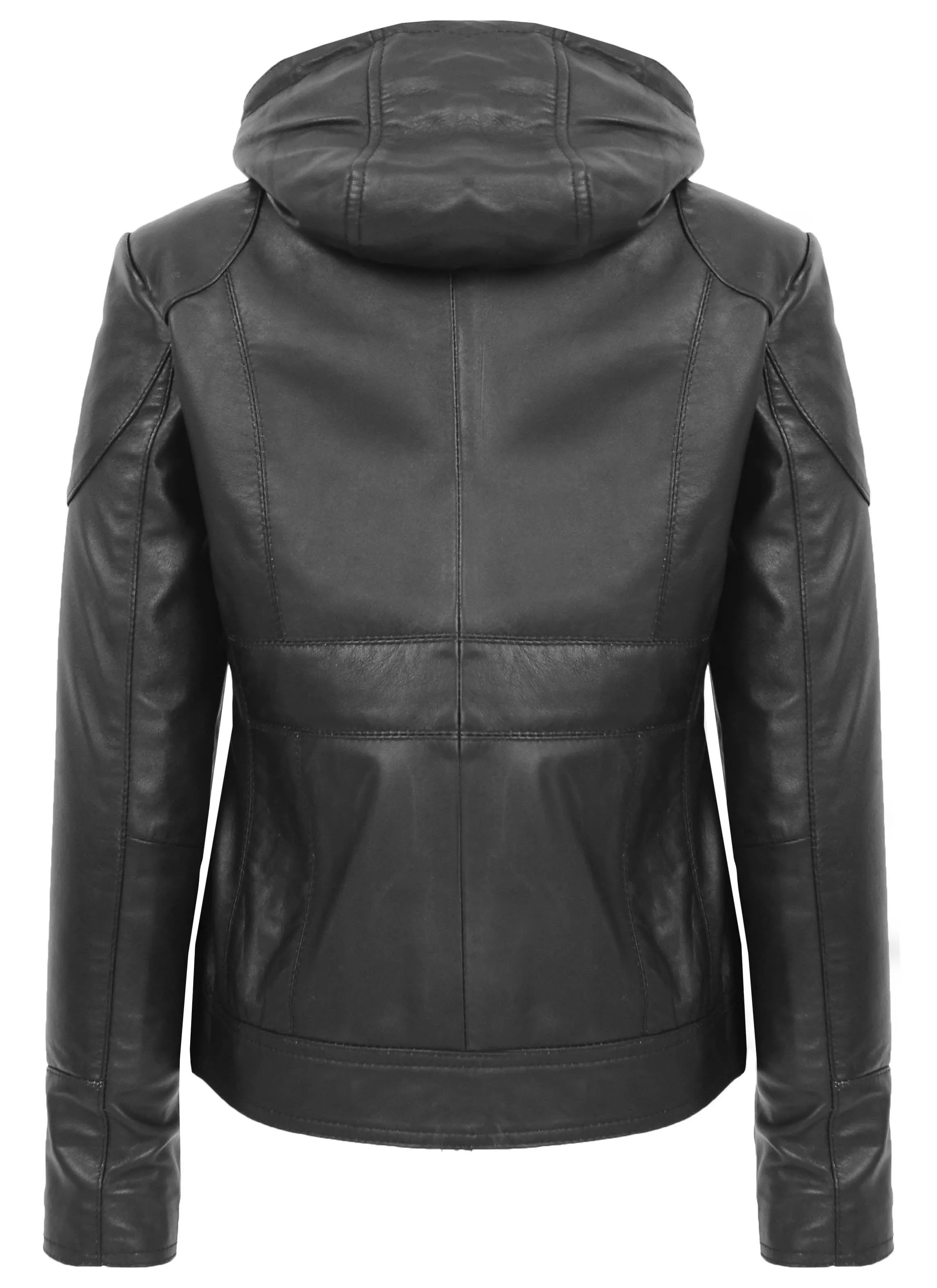 Womens Genuine Black Leather Biker Style Jacket With Removable Hood Sally