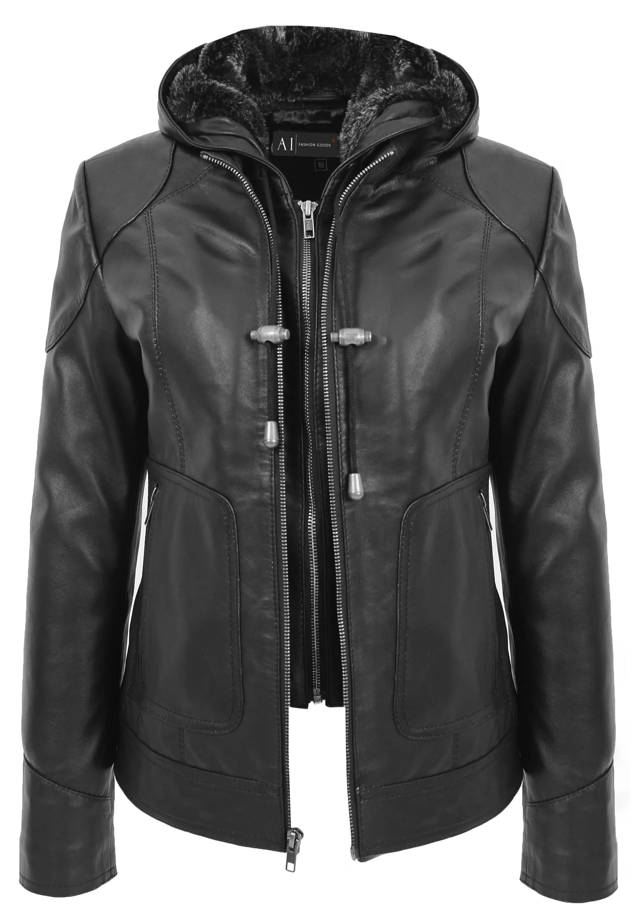 Womens Genuine Black Leather Biker Style Jacket With Removable Hood Sally