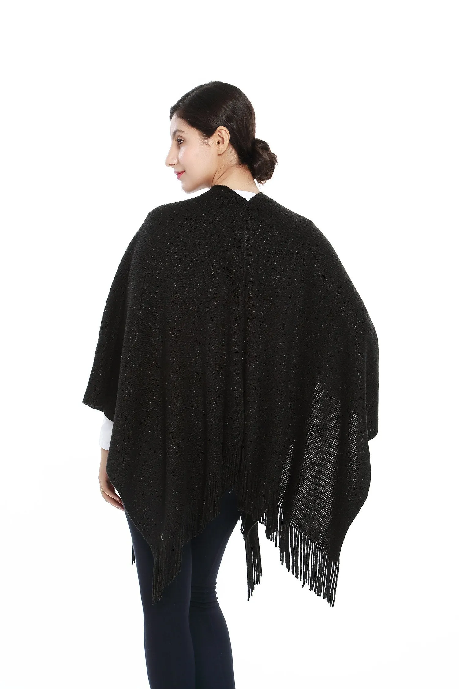 Women's Knitted Kimono Cardigan Cape Solid Black with Golden Threads CAR202