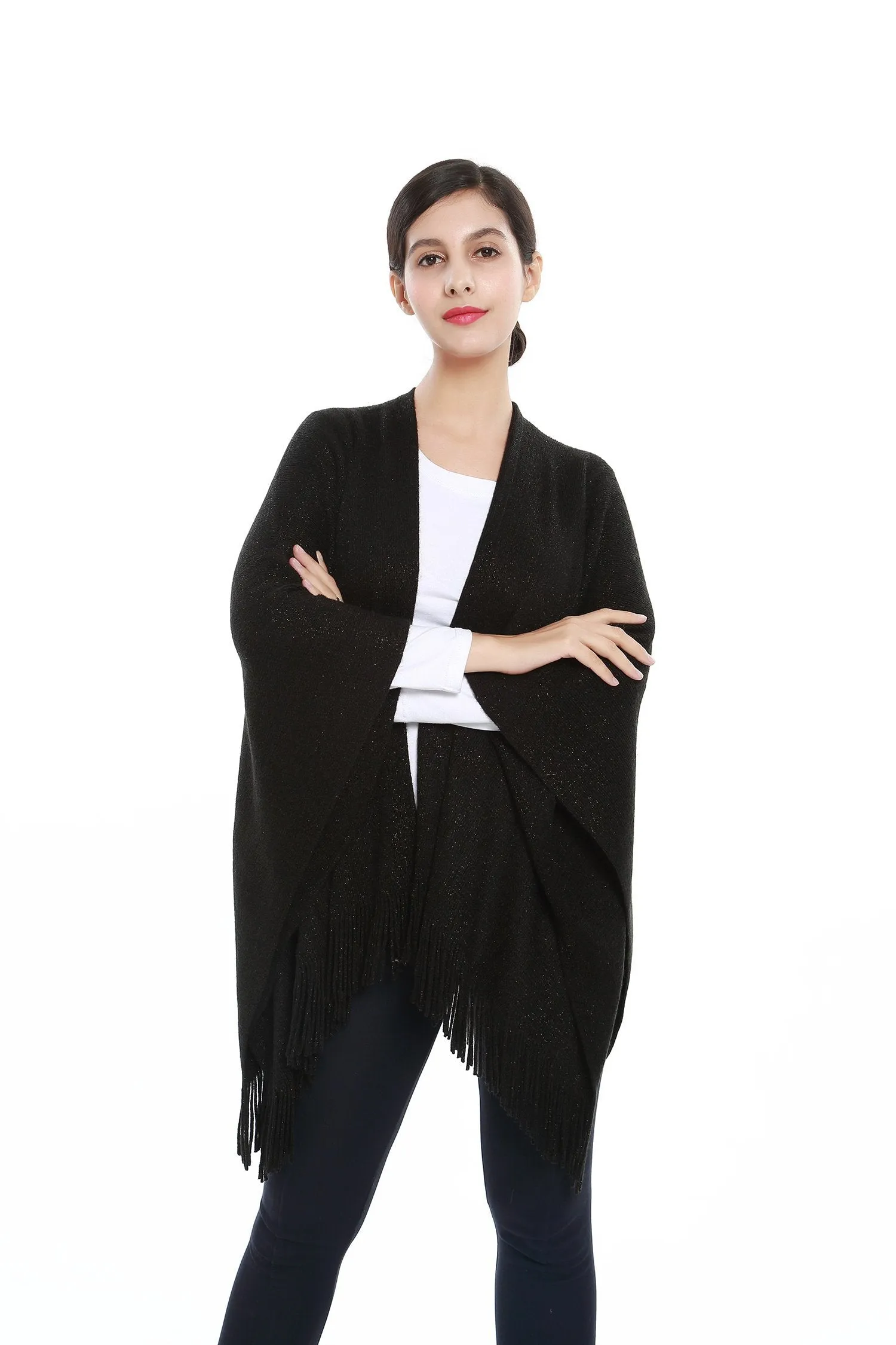 Women's Knitted Kimono Cardigan Cape Solid Black with Golden Threads CAR202