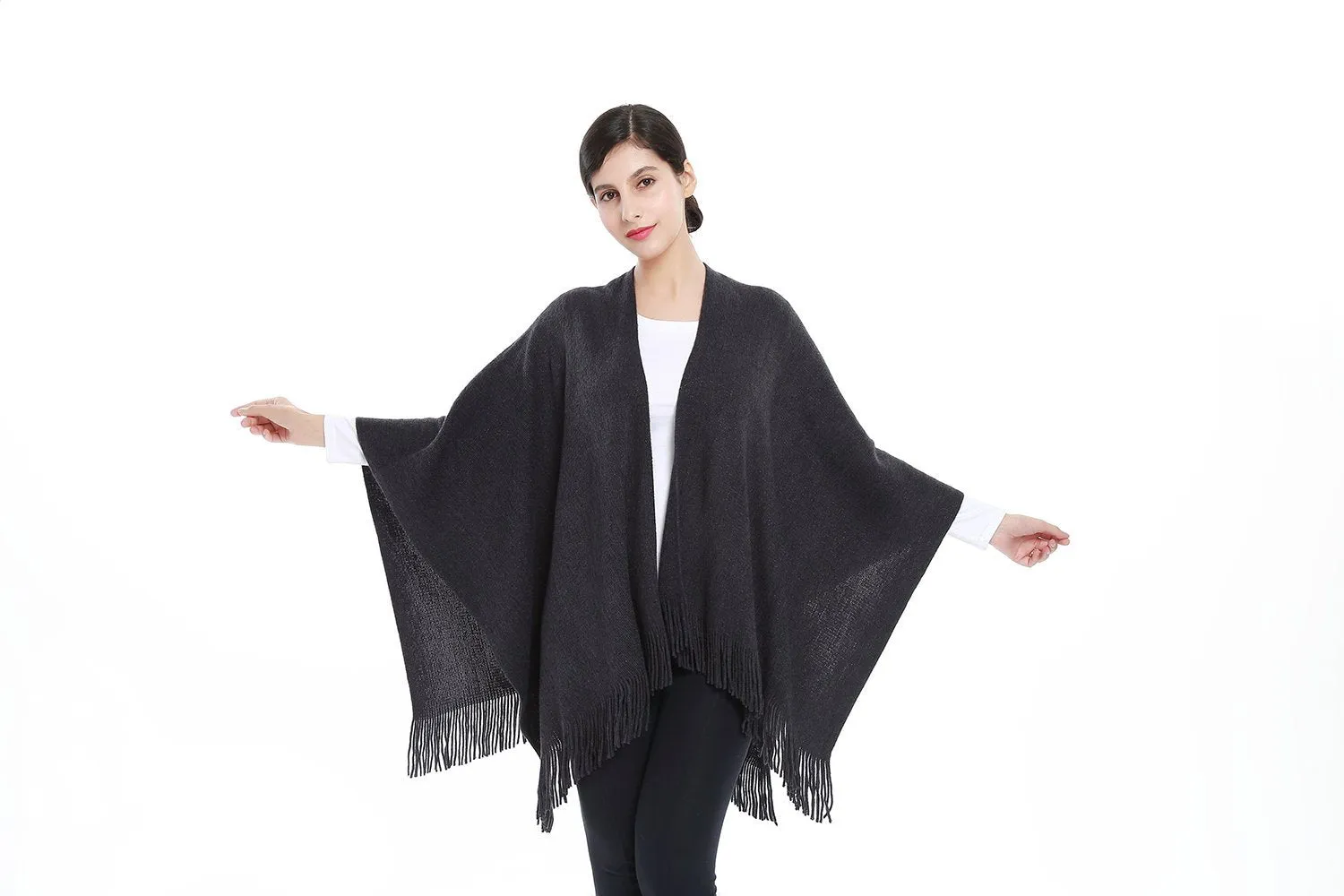 Women's Knitted Kimono Cardigan Cape Solid Dark Gray with Golden Threads CAR204