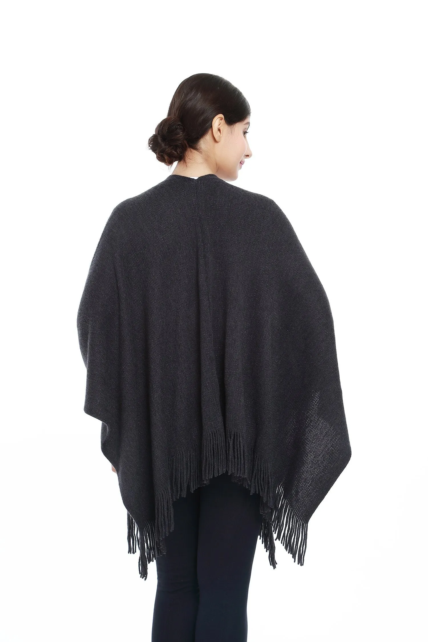 Women's Knitted Kimono Cardigan Cape Solid Dark Gray with Golden Threads CAR204