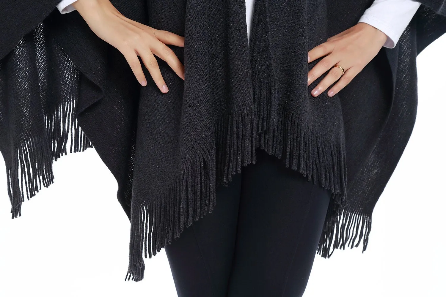 Women's Knitted Kimono Cardigan Cape Solid Dark Gray with Golden Threads CAR204