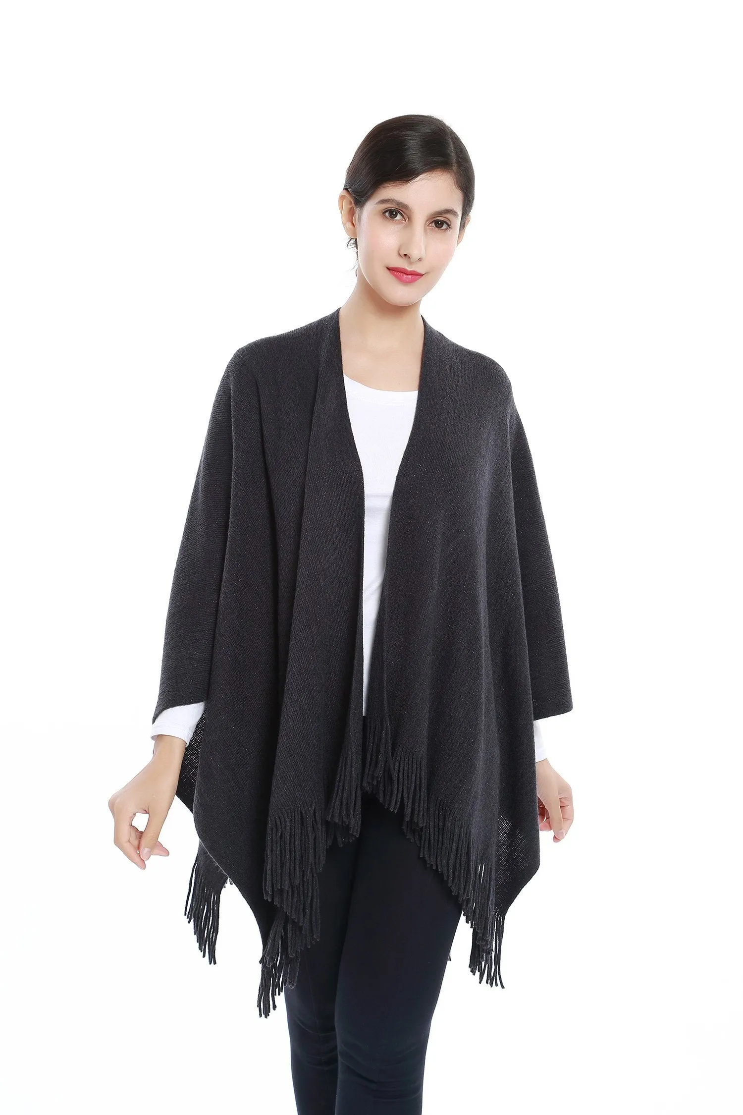 Women's Knitted Kimono Cardigan Cape Solid Dark Gray with Golden Threads CAR204