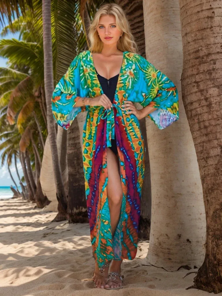 Women's Printed Self Belt Cardigan Kimono