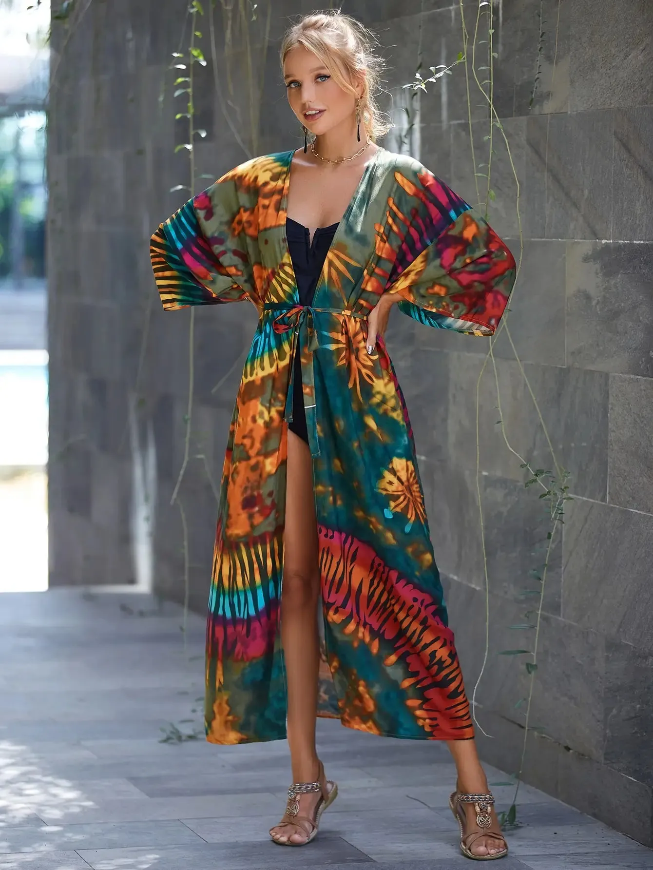 Women's Printed Self Belt Cardigan Kimono