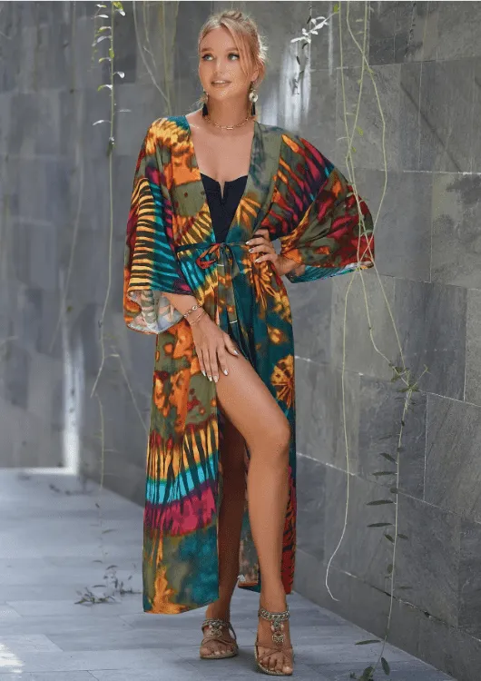 Women's Printed Self Belt Cardigan Kimono