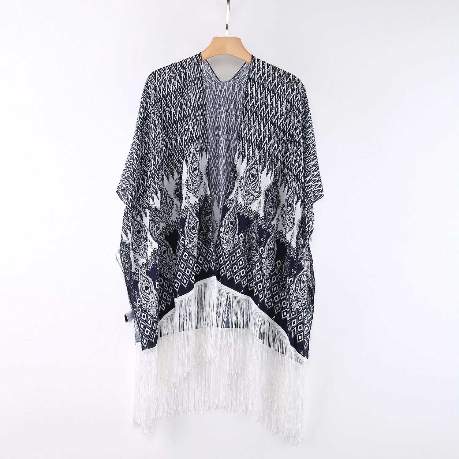 Women's Sheer Kimono Cardigan Cape Black and White Houndstooth  Print CAR001