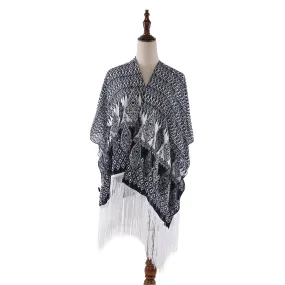 Women's Sheer Kimono Cardigan Cape Black and White Houndstooth  Print CAR001