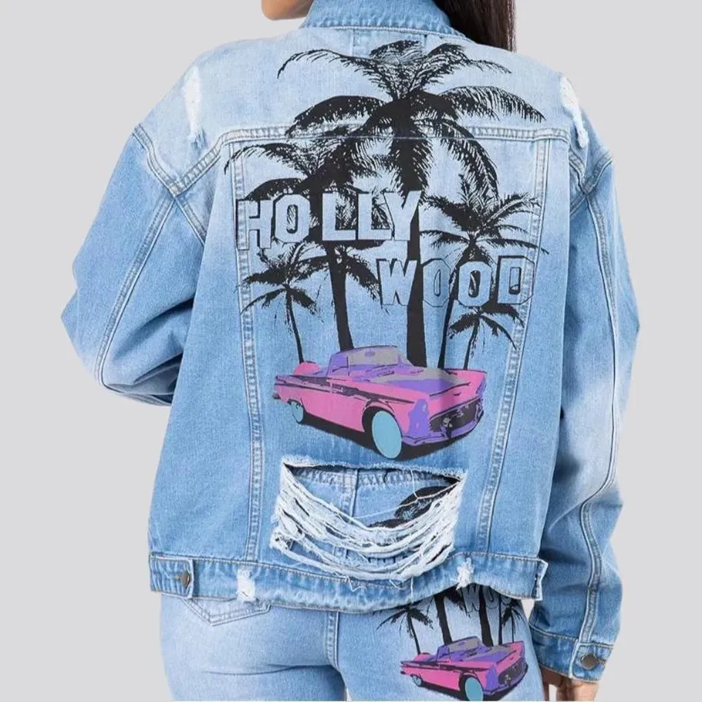 Y2k palms-print denim jacket for ladies